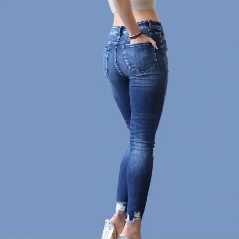 High Rise Distressed Jeans -Stretch Denim - Picture 1 of 3